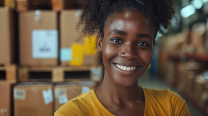 Joyful woman managing logistics for a small business, handling packages and inventory at a retail store, smiling with a parcel ready for delivery