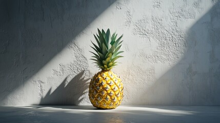 A pineapple against a gray wall contrasts vibrantly, evoking tropical freshness and inviting exploration.