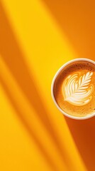 A cup of latte with elegant leaf latte art against a vibrant orange background, casting long shadows. Perfect for coffee lovers and cafes.