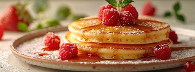 Wall Mural - Delicious Pancakes with Syrup and Raspberries