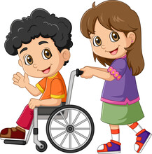 Cartoon little girl helping a boy in wheelchair