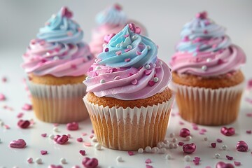 Sticker - Three Delicious Cupcakes With Pink and Blue Frosting