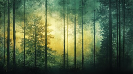 Wall Mural - a forest with trees and a yellow sun in the background. the trees are tall and green, and the sun is