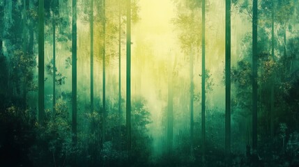 Wall Mural - a forest with trees and a bright yellow sun shining through the trees