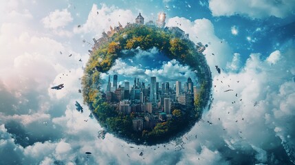 A surreal depiction of a city encapsulated within a spherical landscape of nature and clouds.