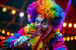 © Duckai - Killer Circus Clown on Stage with Knife and Sinister Smile Performing for a Macabre Halloween Show