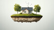 © Roxy jr. - House with its own plot of land. Humorous depiction of a floating house on its piece of land against a white background. Concept of owning or buying a home, land, or property.