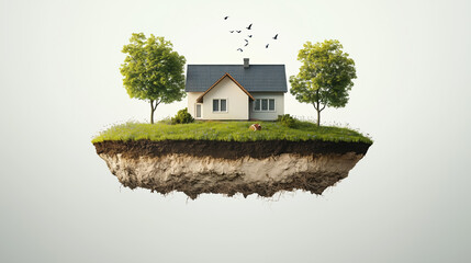 house with its own plot of land. humorous depiction of a floating house on its piece of land against