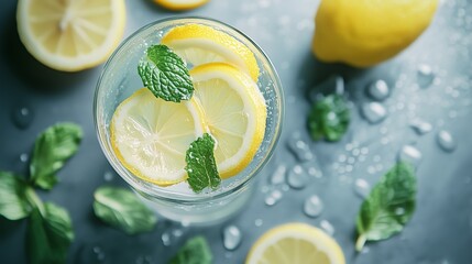 A refreshing glass of lemon juice with mint and lemon slices stands out against a gray backdrop.