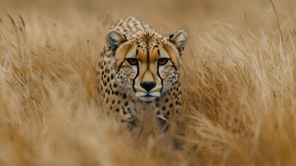 Wall Mural - A cheetah stalking through the tall grass, with its body low to the ground, capturing the essence of stealth and hunting with ample copy space.