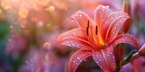 Poster - Pink Tiger Lily with rain drops in close up view