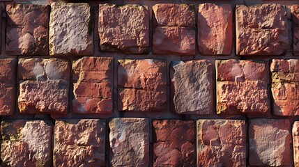 A textured brick wall with a rustic appearance and varying shades of red and brown.