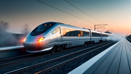 Sleek modern high-speed train speeding along tracks at dusk, showcasing advanced technology and efficiency. Ideal for transportation and travel themes.