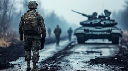 Soldier Walking Alone on War-Torn Road with Tank in Distance