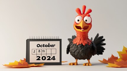 Wall Mural - A cheerful cartoon turkey stands next to a calendar marking October 28th, 2024, surrounded by autumn leaves in a festive setting