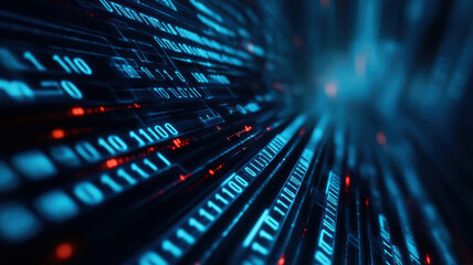 A computer screen with a blue background and red lines of numbers. Concept of technology and data processing