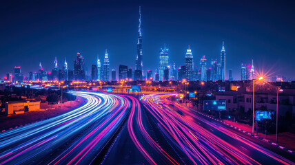 A city skyline at night with a bright purple sky. The city is lit up with neon lights and the streets are filled with cars. Scene is energetic and lively, with the bright lights