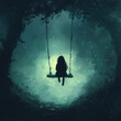 © easybanana - A girl is sitting on a swing in a dark forest. Scene is sad and lonely