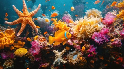 A close-up of a colorful coral reef teeming with marine life, including various species of fish, sea anemones, and starfish.