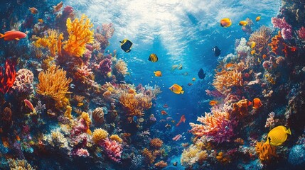 A close-up of a coral reef teeming with tropical fish and sea creatures, capturing the rich biodiversity of ocean life with space for text.