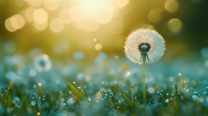 Wall Mural - A close-up of a dandelion in a field of grass, with the seeds ready to blow in the wind, symbolizing the fleeting beauty of summer with space for copy.