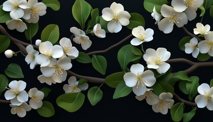 Wall Mural - A digital illustration of blooming white flowers and green leaves on a dark background.