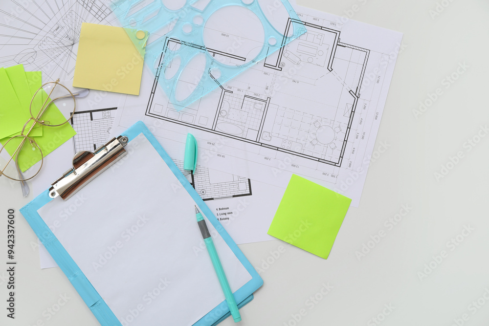 Architect's eyeglasses with clipboard, sticky notes and house plans on white background