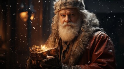 Santa claus delivers christmas gifts in a snowy night