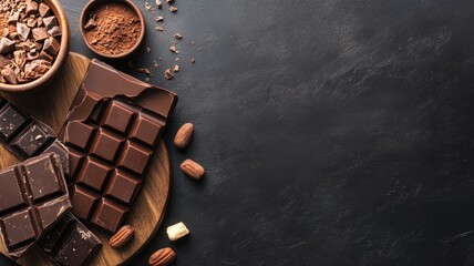 Wall Mural - Assorted chocolate bars and ingredients on dark background