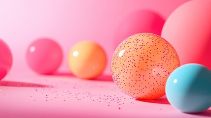 Colorful balloons on pink background, creating festive and vibrant atmosphere