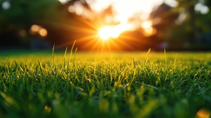 Wall Mural - A close-up of fresh green grass with a light breeze rustling through, under the golden glow of the setting sun, offering a peaceful summer evening scene with space for text.