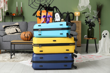 Sticker - Suitcases with Halloween gifts and toy spider in living room