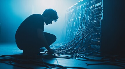 minimalist shot of a programmer adjusting network cables