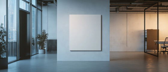 Modern office with a blank white canvas on the wall, natural light, wooden floors, and minimalist interior design.