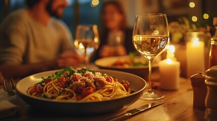 A romantic dinner setting with pasta, wine, and candles casting a warm, intimate glow.