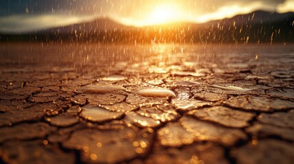 A close-up of rain falling on a desert landscape, with the dry soil soaking up the precious drops, illustrating the rarity and impact of rain in arid environments with space for text.