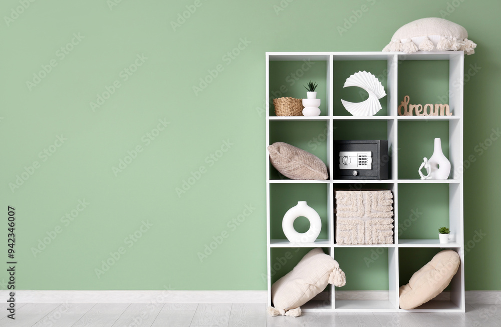 Shelf unit with modern safe and decor near green wall in room