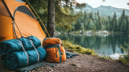 A collection of camping gear and hiking equipment, including a tent and sleeping bag, set up at a scenic campsite with space for text.