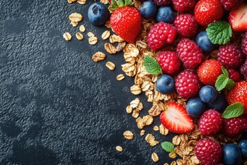 Fresh Berries, Crunchy Granola, and Juicy Strawberries on a Stylish Gray Background