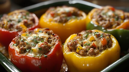 Wall Mural - Colorful stuffed bell peppers filled with meat and cheese, baked to perfection.