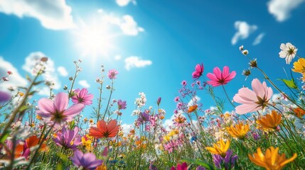 A colorful summer background with a field of wildflowers in full bloom under a bright blue sky, ideal for seasonal graphics with space for messaging.