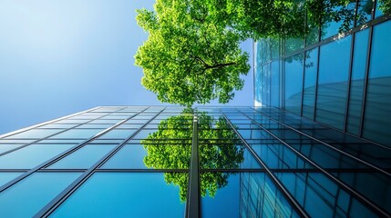 Wall Mural - Sustainble green building. Eco-friendly building. Sustainable glass office building with tree for reducing carbon dioxide. Office with green environment. Corporate building reduce CO2