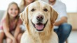 © JAYDA RIN - A happy golden retriever dog poses lovingly with a family, showcasing the warmth and joy of pet companionship.
