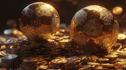 Canvas Print - Golden Soccer Ball on Stacked Coins 