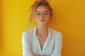 Happy, Successful Business Woman in Casual Clothes with Glasses, Working at Office Desk with Lapto