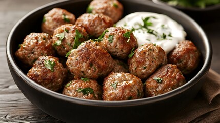 Wall Mural - A bowl of meatballs garnished with herbs and served with a creamy dip.