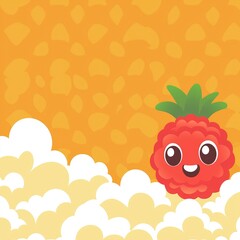 Wall Mural - Cute Cartoon Raspberry with White Clouds on Orange Background