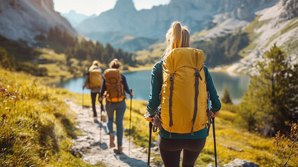 Hikers on a mountain trail with a lake in the background