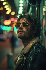 A man wearing sunglasses stands in front of a wall, offering a mysterious and cool pose