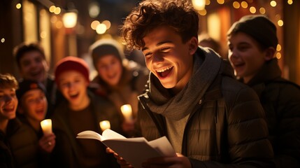 Wall Mural - Teenagers Carolers singing traditional songs in city street on christmas eve